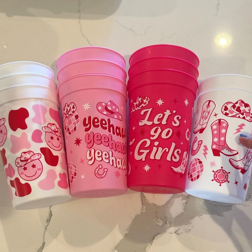 Pink and White Party Cups Set Disco Cowgirl (10 Cups Total)